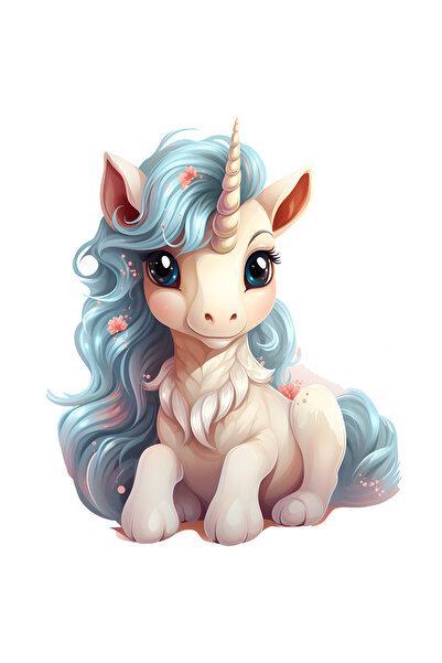 StoryGift Romania Sticker Eticheta 40CM cu un unicorn vesel, ilustratie, jucaus, coama lunga, floricele, pentru