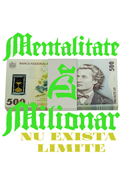 StoryGift Romania Sticker Autocolant 70CM cu Teanc cu elastic bancnote 500 lei, Text Mentalitate de Milionar nu