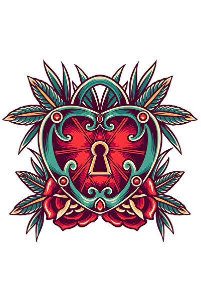 StoryGift Romania Sticker Adeziv 90CM Cu Inima, Lacat, Frunze, Flori, Trandafiri, cu Margini Albe, PVC Vinyl 90 cm