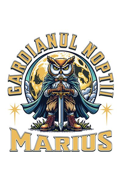 StoryGift Romania Sticker with Owl Knight in the Night Cape and Sword Full Moon Text Night Guardian Marius with