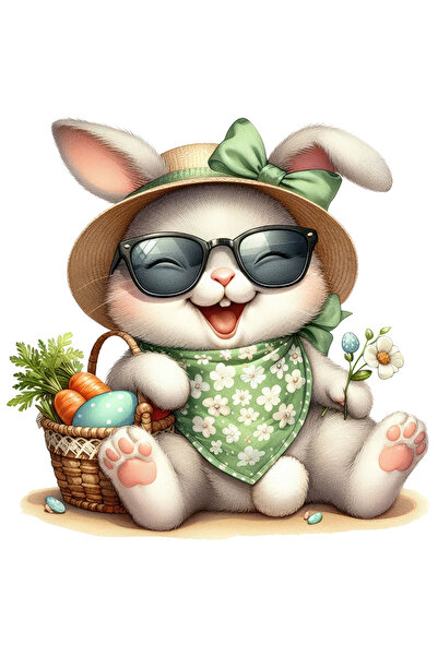 StoryGift Romania Sticker Autocolant 70CM cu un iepuras care rade, ilustratie, ochelari, bucurie, cosulet cu mor