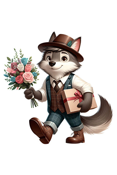 StoryGift Romania Sticker Autocolant 70CM cu un lup care tine un buchet cu flori si un cadou, ilustratie, daruri