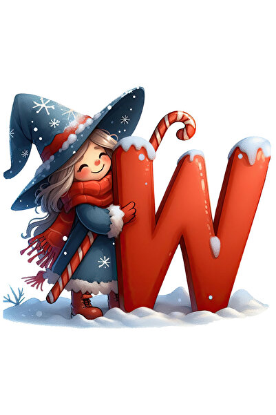 StoryGift Romania Sticker Cu O Vrajitoare Care Tine Litera "w", Ilustratie, Toiag Facut Din Acadea, Iarna, Z
