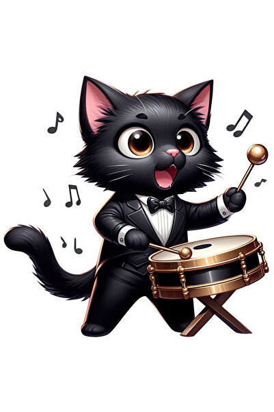 StoryGift Romania Sticker Autocolant 70CM cu o pisica neagra care bate la o toba, ilustratie, muzica, note, ritm