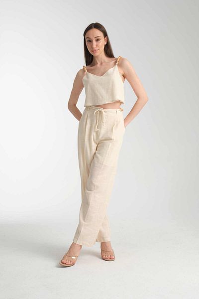 İLKCET MODA Bead Detailed Linen Bottom Top Women's Set
