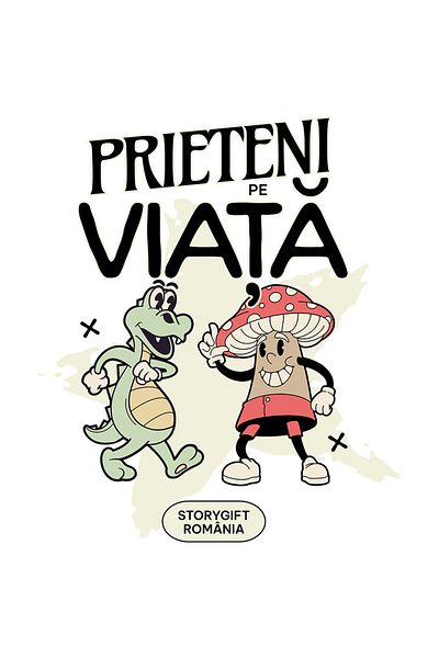 StoryGift Romania Sticker Eticheta 50CM Adeziv Prieteni pe viata, dragon si ciuperca iubire cu Margini Albe, PVC