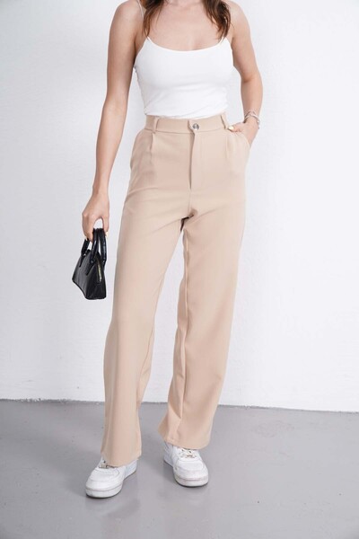 neroverde Beige High Waist Front Pleated Palazzo Trousers