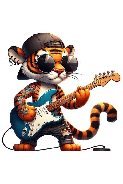 StoryGift Romania Sticker 70CM with a tattooed tiger playing the guitar, illustration, glasses, cap