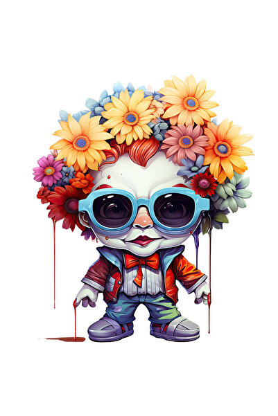 StoryGift Romania Sticker Adeziv 90CM cu un baietel clovn serios, ilustratie, joker, ochelari, flori, comic, cir