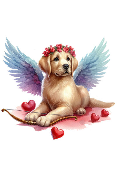 StoryGift Romania Sticker Autocolant 70CM cu un catel Cupidon, ilustratie, coroana de flori, inimioare, arc, ari