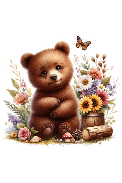 StoryGift Romania Sticker Cu Un Pui De Urs Brun, Ilustratie, Natura, Flori De Diferite Culori, Fluture, Lemn
