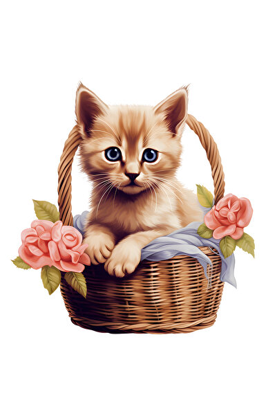 StoryGift Romania Sticker Adeziv 90CM cu o pisicuta care sta intr-un cosulet, ilustratie, flori, serioasa, pentr