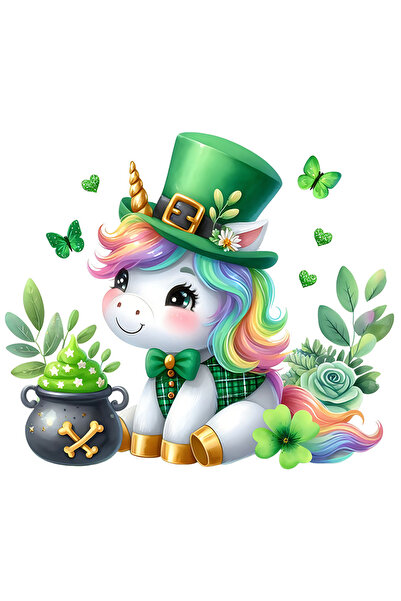 StoryGift Romania Sticker Autocolant 70CM cu un unicorn care poarta o palarie verde, ilustratie, fluturi, trifoi