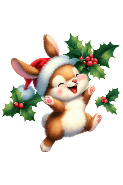 StoryGift Romania Sticker Adeziv 90CM cu un iepuras care salta de fericire, caciula de Craciun, vasc, plante, il