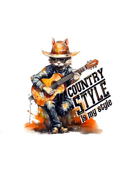 StoryGift Romania Sticker Eticheta 50CM cu motan cantand la chitara cu mesajul "Country Style is my style", muzi