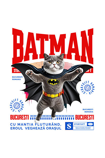 StoryGift Romania Sticker Cu Scottish Fold Pisica In Costum De Batman Cu Pelerina, Erou Nocturn, Desene Anim