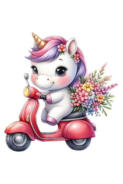 StoryGift Romania Sticker Cu Un Unicorn Care Se Plimba Cu Scuterul, Ilustratie, Imbujorata, Flori, Dar , Cu