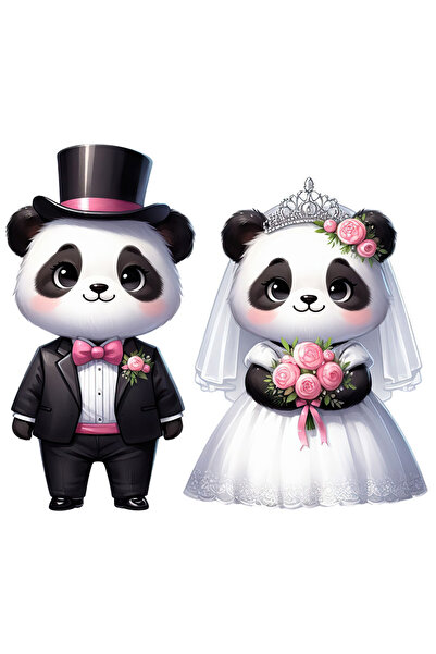 StoryGift Romania Sticker Autocolant 70CM cu o ursoaica si un urs Panda, ilustratie, la nunta, casatorie, buchet