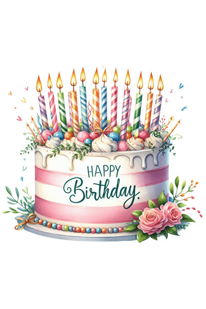 StoryGift Romania Sticker Eticheta 50CM cu un tort cu lumanari aprinse, ilustratie, mesajul "Happy birthday", la