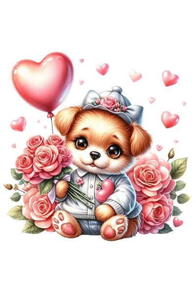 StoryGift Romania Sticker Eticheta 40CM cu un catelus care tine un buchet cu trandafiri, ilustratie, balon, inim