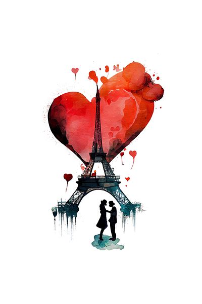 StoryGift Romania Sticker Eticheta 40CM Cu Pictura Indragostiti sub Turnul Eiffel, Balone Rosi In Forma De Inima