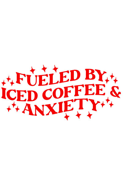 StoryGift Romania Sticker Exterior cu textul "Fueled by iced coffee & anxiety" - alimentat de cafea cu gheat