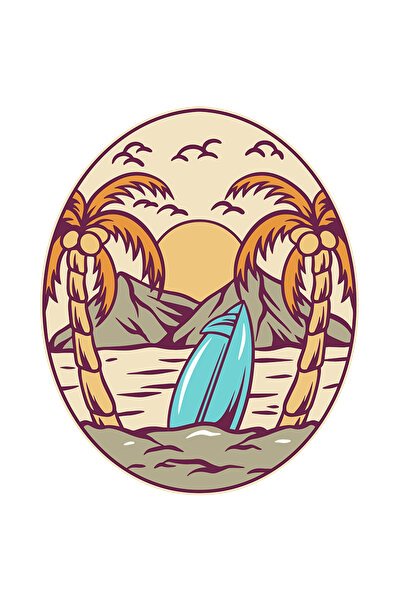 StoryGift Romania Sticker Eticheta 40CM Cu Plaja: Apus, Palmieri, Placa De Surf, Ocean, Nori, cu Margini Albe,