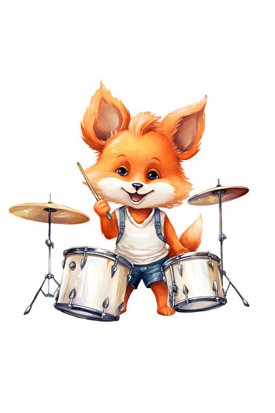 StoryGift Romania Sticker Eticheta 50CM cu un vulpoi care bate la tobe, ilustratie, instrumente muzicale, melodi