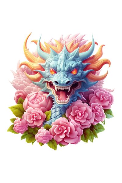 StoryGift Romania Sticker Eticheta 50CM cu un dragon agresiv, ilustratie, ochi in flacari, floricele, roz, an ch