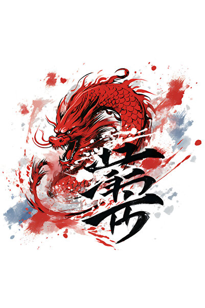 StoryGift Romania Sticker Eticheta 40CM cu un dragon rosu, ilustratie, abstract, pete de culoare, litere, anul d