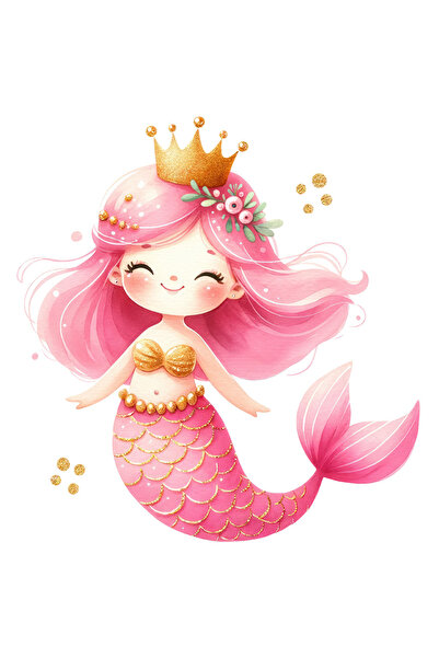 StoryGift Romania Sticker Adeziv 90CM cu mica sirena, ilustratie, coroana din aur, par roz, apa, mare, fiinte fa