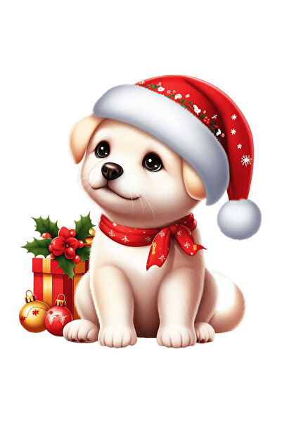 StoryGift Romania Sticker Adeziv 90CM cu un catel Golden Retriever, ilustratie, caciula de Craciun, cadou, vasc,