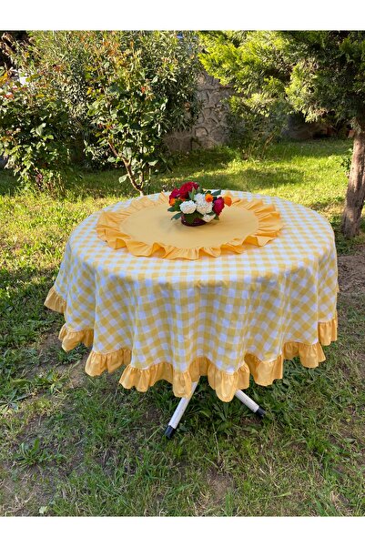 LILYUM Fırfırlı Pötikare Desenli Yuvarlak Masa Örtüsü