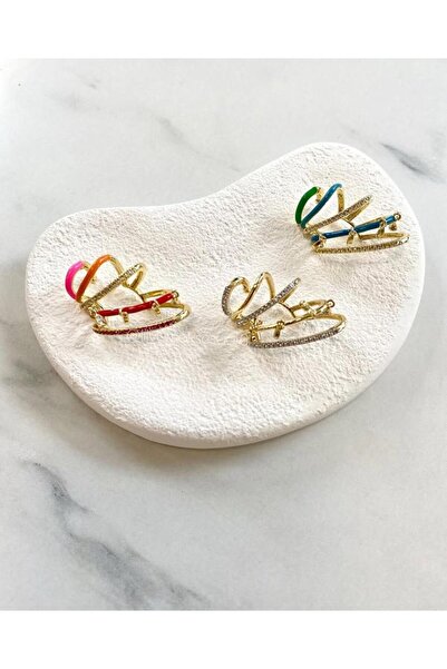 Lilyum Aksesuar Kırmızı Turuncu Pembe Mineli ve Renkli Zirkon Taşlı Charmlı Sallantılı Earcuff Kıkırdak Küpe