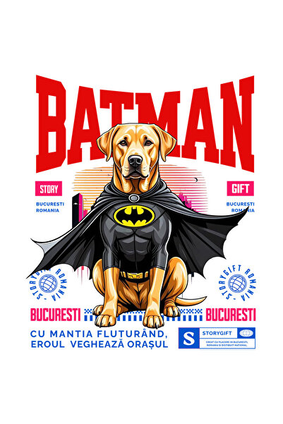 StoryGift Romania Sticker Autocolant 70CM cu Labrador Retriever Caine In Costum de BatMan cu Pelerina, Erou Noc