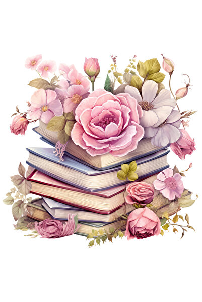 StoryGift Romania Sticker Adeziv 90CM cu un teanc cu carti, ilustratie, flori...