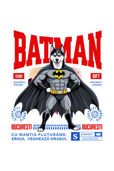 StoryGift Romania Sticker Adeziv 90CM cu Husky Siberian / Siberian Husky Caine In Costum de BatMan cu Pelerina,
