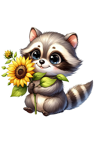 StoryGift Romania Sticker 23 Cm Cu Un Pui De Raton Care Tine O Floare, Ilustratie, Floarea-soarelui, Recolta, Vese