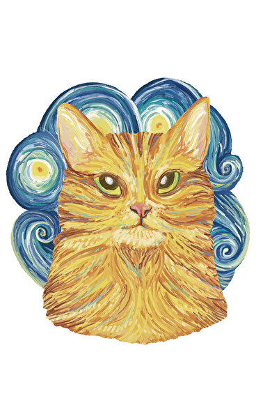 StoryGift Romania Sticker Autocolant 70CM Cu Pictura Cu Pisica Galbena, Stil Leonardo Da Vinci, Arta Abstracta,