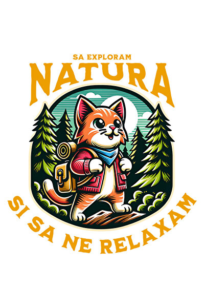 StoryGift Romania Sticker Adeziv 90CM cu Pisica Portocalie Cu Rucsac De Aventura Printre Munti Padure Text Sa Ex