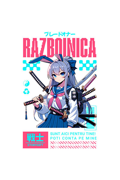 StoryGift Romania Sticker Cu Fata Stil Asiatica Cu Ar Mov Sabii Ninja Razboinica Text Sunt Aici Pentru Tine