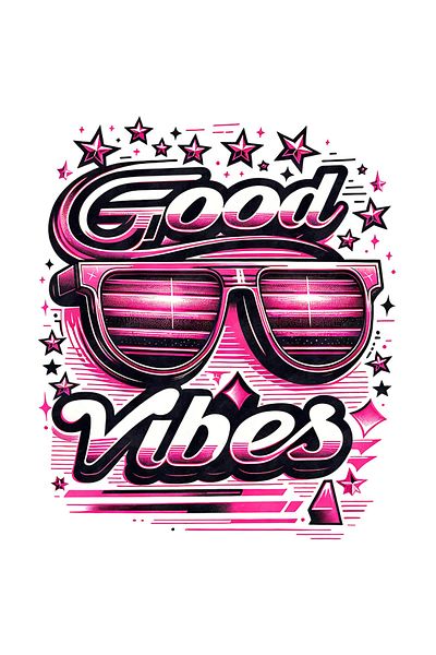 StoryGift Romania Sticker Eticheta 40CM cu mesajul "Good vibes", ilustratie, stil retro, vechi, ochelari de soar