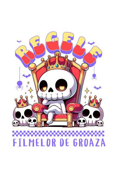 StoryGift Romania Sticker Cu Schelete Craniu Uman Cu Coroana Regala Tron Rosu Text Regele Filmelor De Groaza