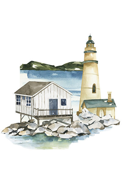 StoryGift Romania Sticker Eticheta 40CM Cu Casa Alba Pe Malul Marii, Muntii, Turn Cu Far, Pictat, Vacanta, Linis