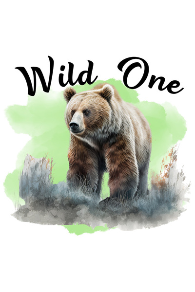 StoryGift Romania Sticker Autocolant 70CM cu mesajul "Wild one", calatorie, ilustratie, natura, urs, fundal verd