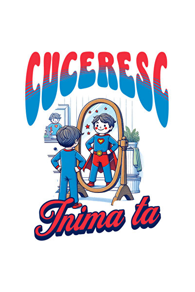 StoryGift Romania Sticker Adeziv 90CM cu Copil In Fata Oglinzii Costum Super-erou Text Cuceresc Inima ta cu Marg