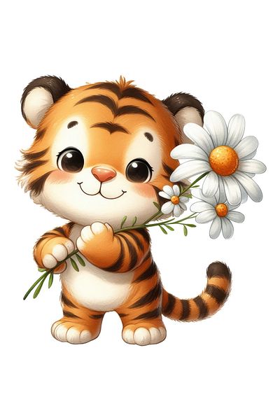 StoryGift Romania Sticker Label 50CM with a tiger cub holding some white flowers, illustration, nature, plant