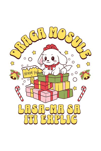 StoryGift Romania Sticker Eticheta 50CM cu Caine Fericit Langa Turn De cadouri Text Draga mosule Lasa-ma Sa Iti