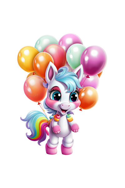 StoryGift Romania Sticker Adeziv 90CM cu un unicorn bucuros, ilustratie, multe baloane colorate legate de el, is