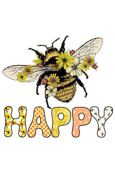 StoryGift Romania Sticker Eticheta 50CM cu mesajul "Happy", ilustratie, motivational, fericire, bucurie, albina,